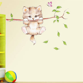 Cartoon Cat On The Tree Branches Wall Stickers Removable Kitty Wall Art Decoration