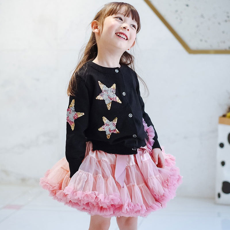 Toddler Girls Cardigan Sweater Knit Ruffles Crew Neck Outwear Coat-Black