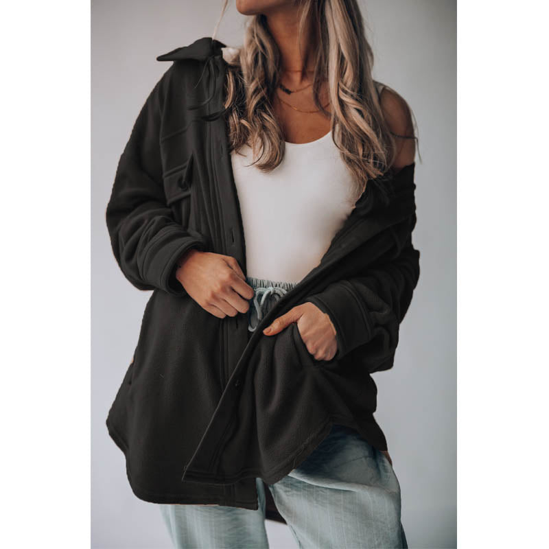 Lookbook Womens Fleece Long Sleeved Shirt Casual Boyfriend Blouse Top-Black