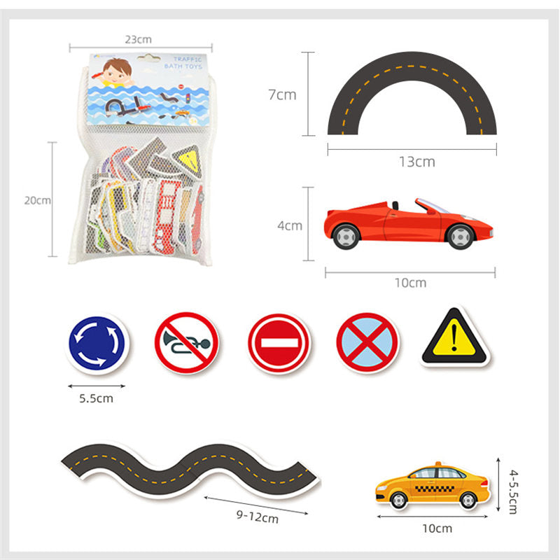 23Pcs Vehicles Foam Toddlers Bath Toys Educational Floating Toys with Suction Cup Storage Mesh Bag