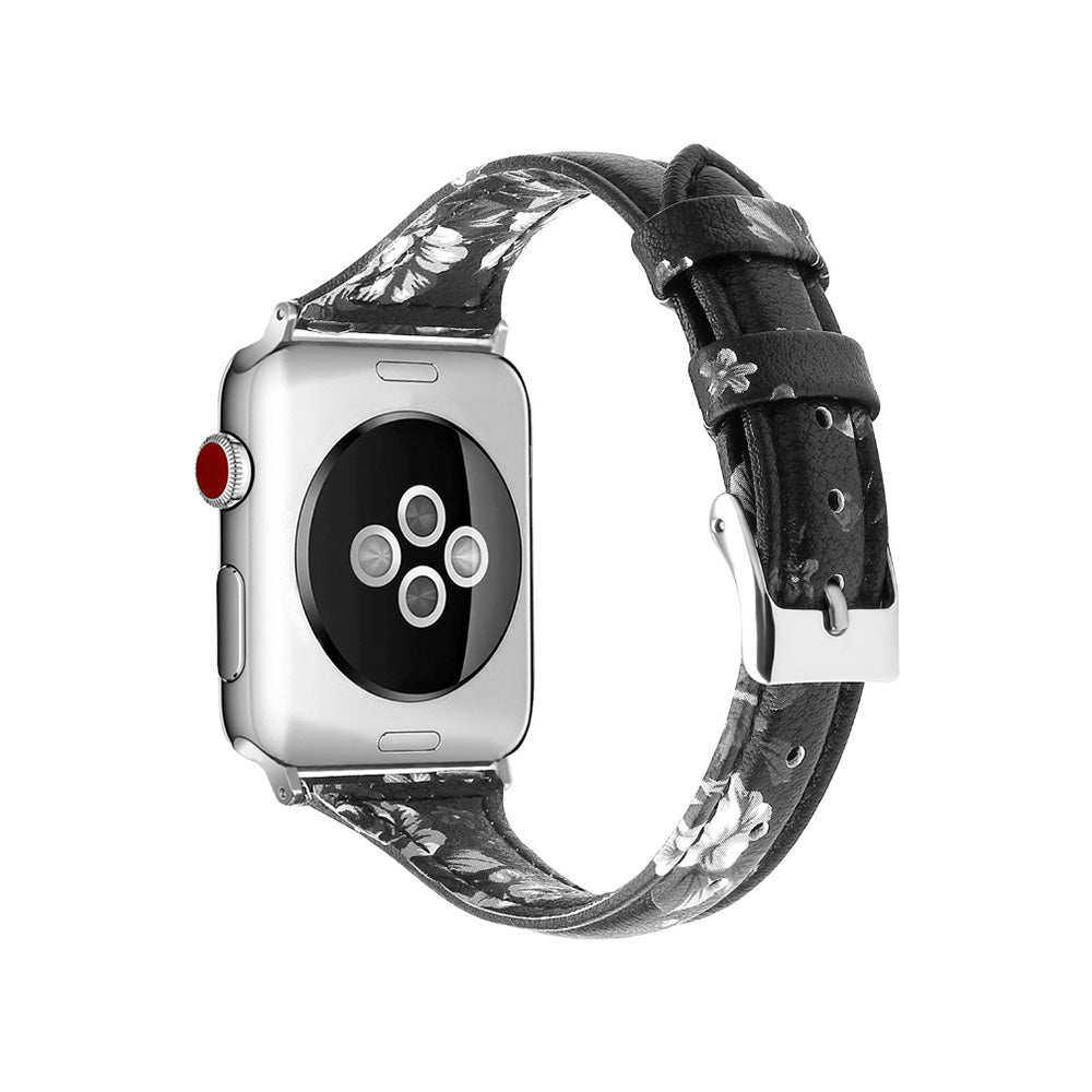 Slim Flower Printed Leather Watch Band For Apple Watch SE/6/5/4/3/2/1(Grey Flower)