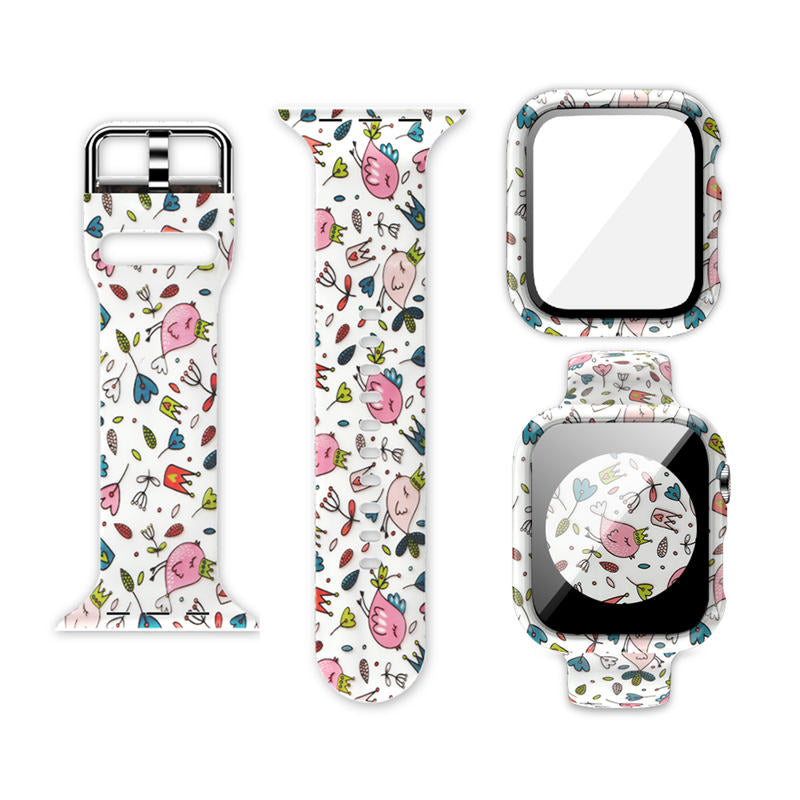 Silicone Printed Watch Band with Screen Protector Case for iWatch Series SE/6/5/4/3/2/1-WhiteFlorets