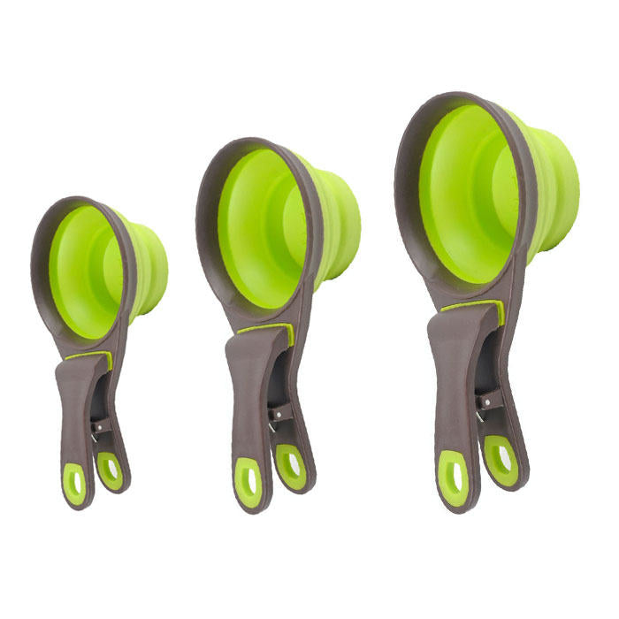 3Pcs Pet 3 in 1 Clip Scoop with Collapsible Silicone Measuring Cup-Green