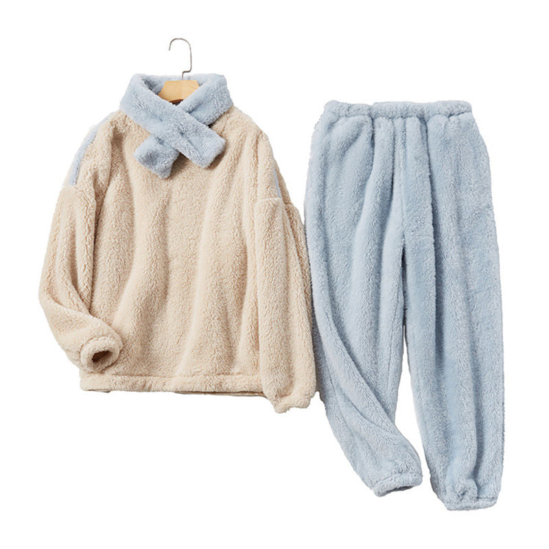 Womens Thickened Coral Fleece Pajamas Set with Scarf-Blue