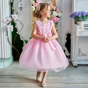 Girl Sleeveless Lace 3D Flower Tutu Holiday Princess Wedding Dresses-Pink