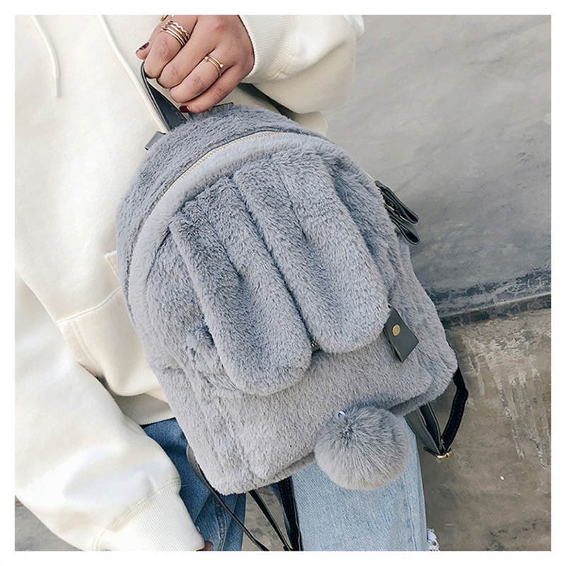 Women Cute Rabbit Ears Backpack Fluffy School Bag Satchel-Grey