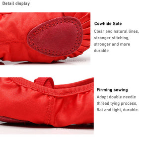 Ballet Shoes for Girls Soft Leather Satin Flat Gymnastic Shoes-Red