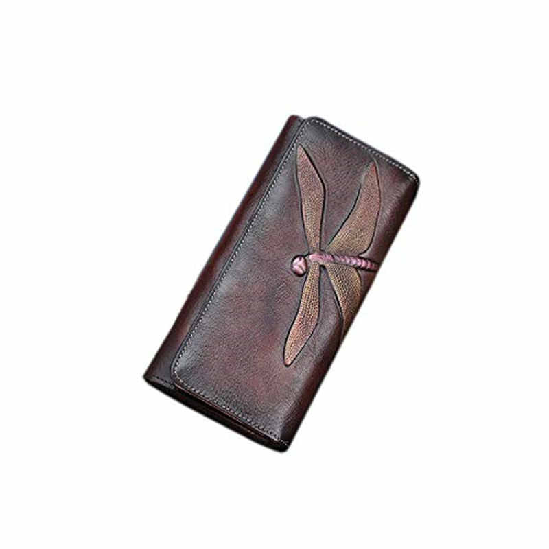 Slim Wallets for Women Embossed Dragonfly Leather Wallet Cellphone Clutch-Brown