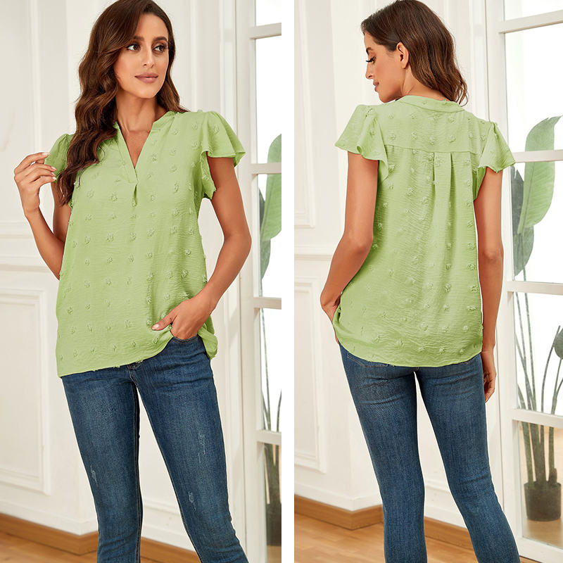 Womens Ruffle Shirts V Neck Short Sleeve Pom Chiffon Blouses Tops-Green