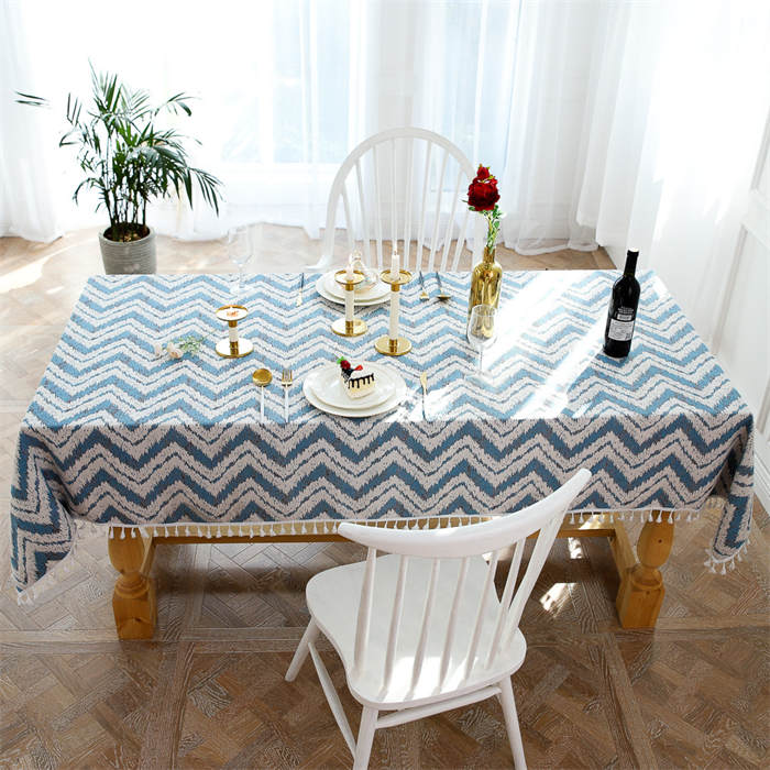 Tassel Cotton Linen Tablecloths Star Stripes Wave Dustproof Table Cover for Kitchen Dinning Room Party-Blue