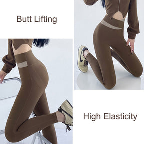 Womens Leggings Thin Fleece Tummy Control Yoga Pants for Winter-Coffee