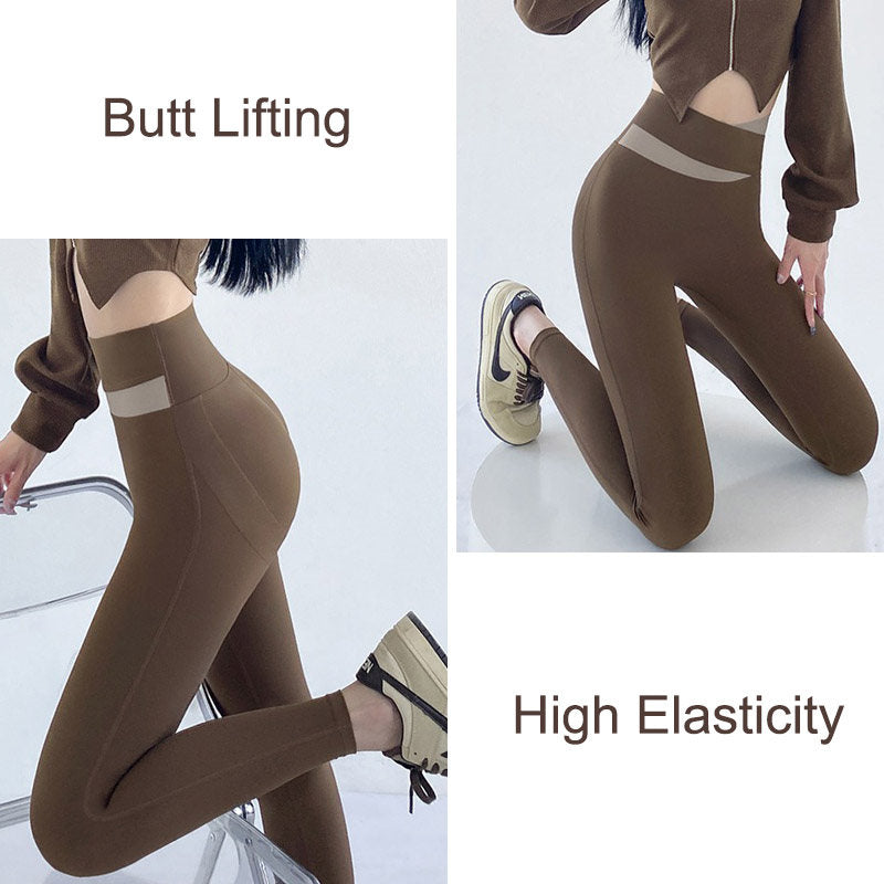 Womens Leggings Thin Fleece Tummy Control Yoga Pants for Winter-Coffee