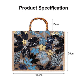 Handbag Bamboo Tote Sequin Straw Woven Bag for Womens-Navy Blue