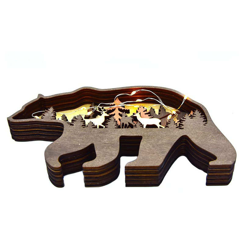 3D Forest Bear Decor Wooden Animal Statues Farmhouse Room Wall Decor-Bear+Light