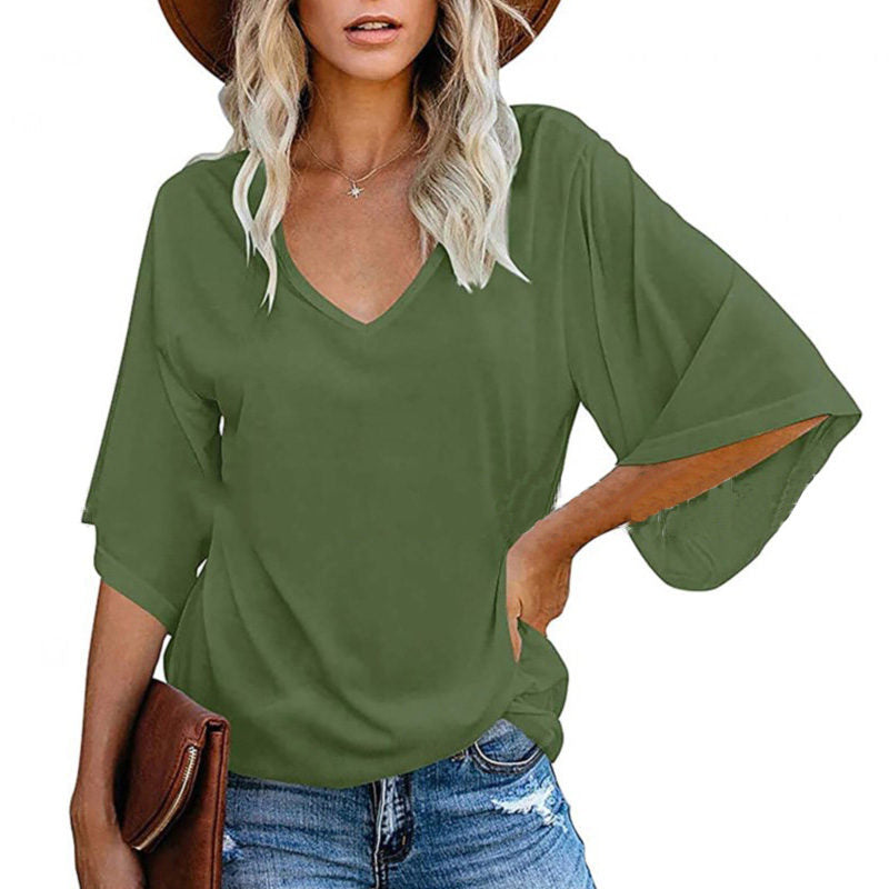 Womens Solid Color Simple V Neck Mid Sleeve T-Shirt-Green