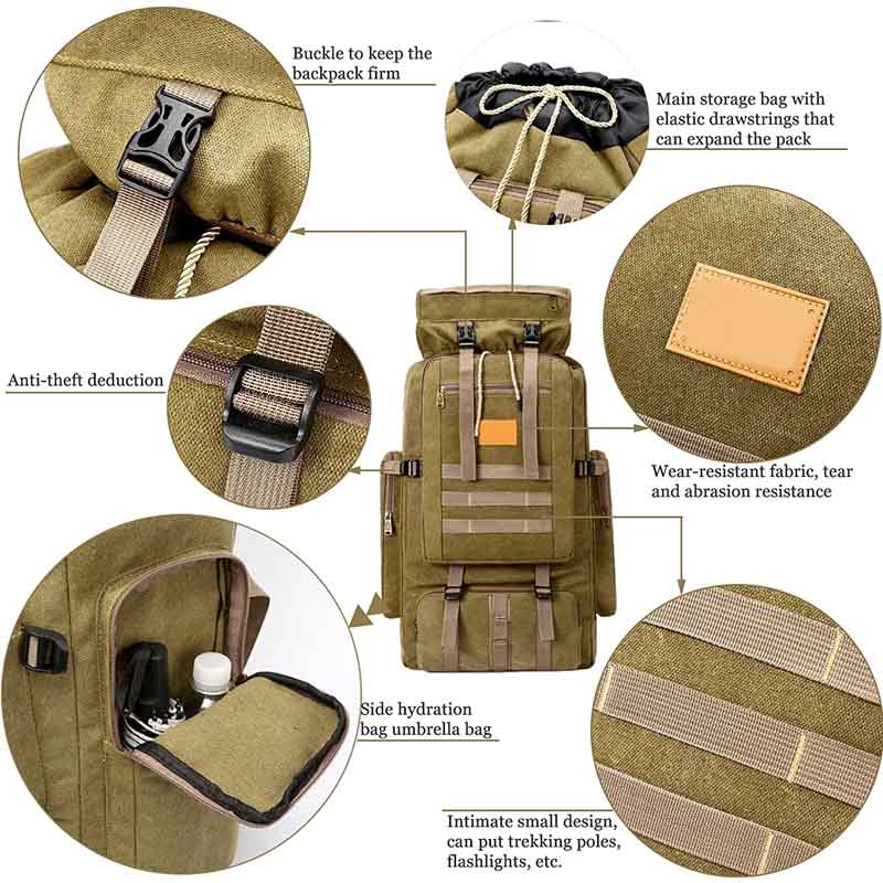 80L Outdoor Tactical Backpack Large Capacity Waterproof Backpack for Camping Hiking-Khaki