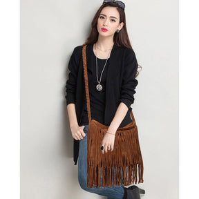 Suede Tassel Messenger Bag Women Hobo Shoulder Bags-Brown