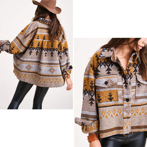 Womens Aztec Jacket Retro Lapel Long Sleeve Coat with Pockets-Yellow