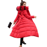 Women Warm Down Jacket with Hood Fur Long Puffer Coat-Red
