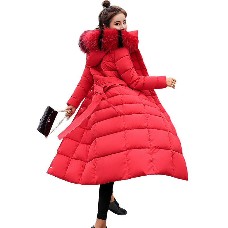 Women Warm Down Jacket with Hood Fur Long Puffer Coat-Red