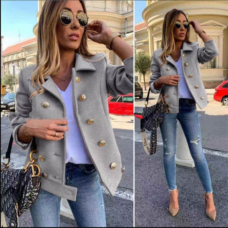 Womens Peacoat Double Breasted Lapel Casual Cropped Jackets Winter-Grey