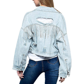 Womens Denim Jacket with Fringe Rhinestones Crop Casual Coat-LightBlue