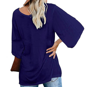 Womens Solid Color Simple V Neck Mid Sleeve T-Shirt-Blue