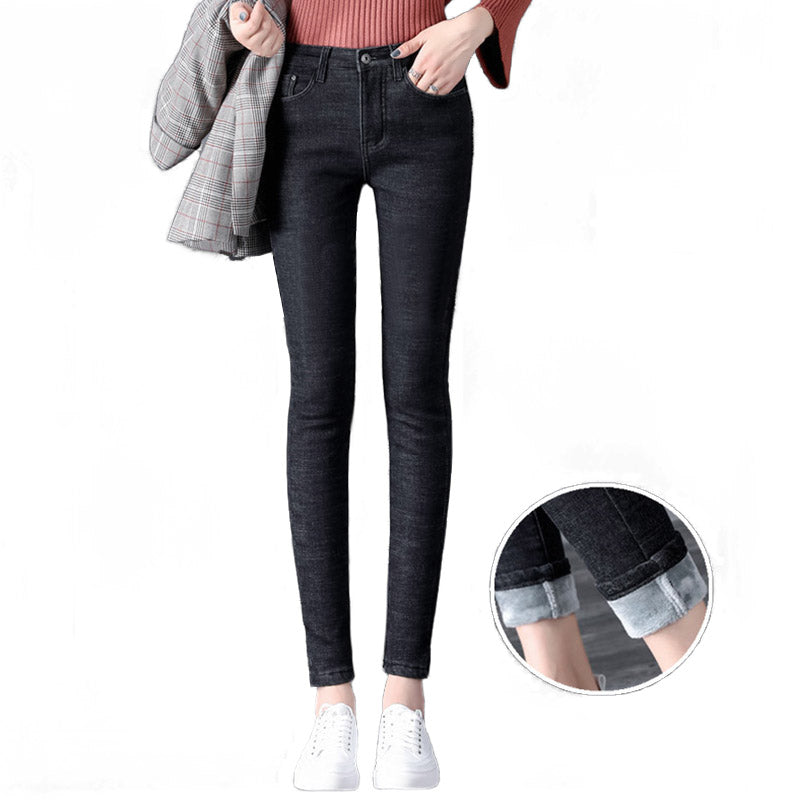 Womens Fleece Jeans with Pockets High Waist Stretch Pants-1666-Black