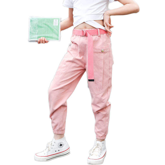 Girls Joggers Long Pants Pockets Outdoor Casual Trousers Buttons-Pink