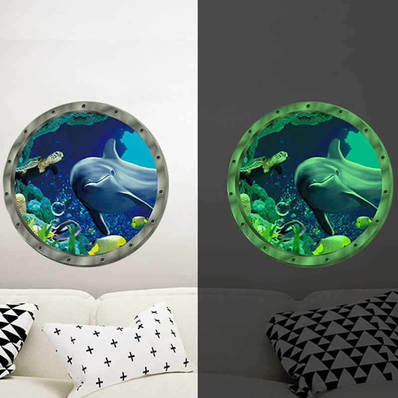 Creative Removable Glow in The Dark Ocean View Wall Decals Dolphin Submarine Window Wall Sticker