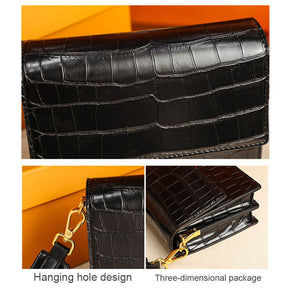 Women Leather Retro Shoulder Bag Crocodile Mini Flap Crossbody Bag-Black