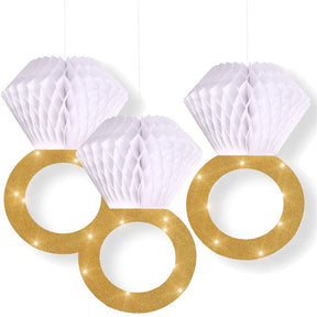 3 Pcs Honeycomb Ring Hanging Decorations Glitter Gold Diamond Ring,Perfect for Engagement Wedding Party And Bridal Shower