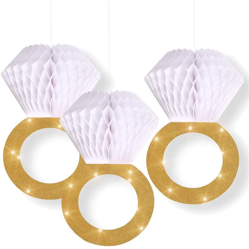 3 Pcs Honeycomb Ring Hanging Decorations Glitter Gold Diamond Ring,Perfect for Engagement Wedding Party And Bridal Shower