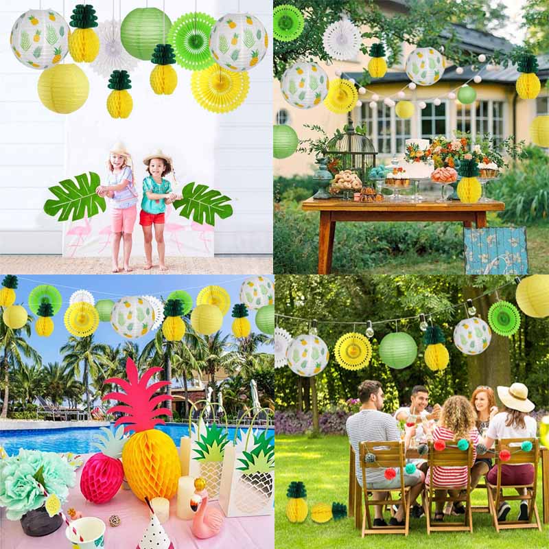 10pcs Hawaiian Party Decorations Pineapple Honeycomb Ball Paper Lanterns Paper Fans for Birthday Luau Tropical Bachelorette Party