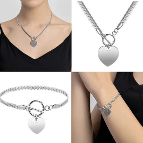 Heart Pendant Necklace Bracelet Earrings 3 Piece Set-Silver