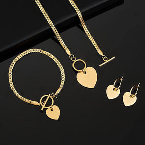 Heart Pendant Necklace Bracelet Earrings 3 Piece Set-Gold