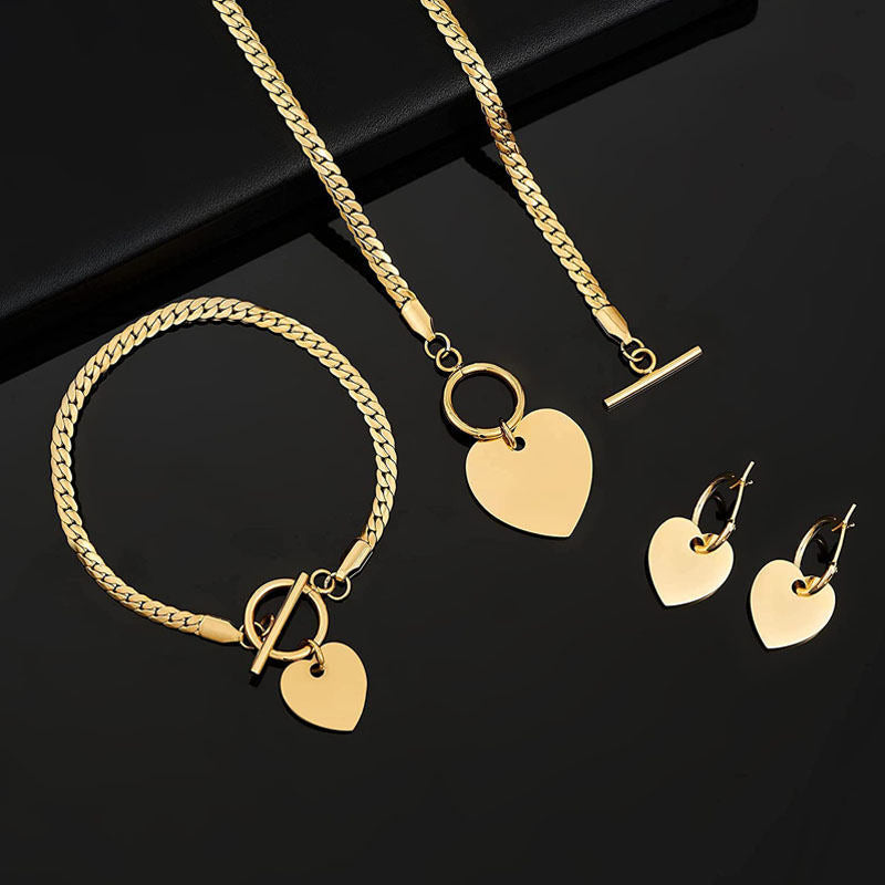 Heart Pendant Necklace Bracelet Earrings 3 Piece Set-Gold