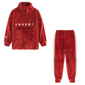 Thickening Coral Fleece Pajamas Set for Women-Red