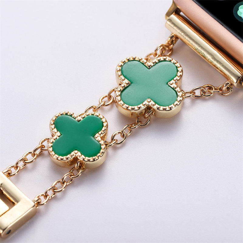 Apple Watch Band Luxury Four-leaf Clover Thin Stainless Steel for iWatch Series SE/6/5/4/3/2/1-Gold+Green