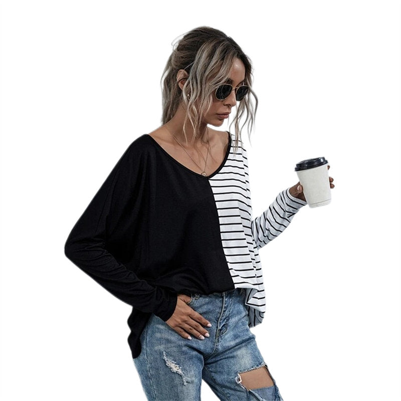 Womens Striped V-Neck Long Sleeve Tops-Black