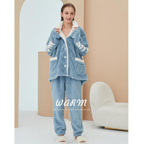 Womens Winter Fleece Pajamas Set Warm Loungewear-Haze Blue