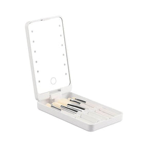 Folding Touch LED Makeup Mirror Lockable Jewelry Display Box Necklace Earing Storage Case 10X Magnifying Mirror White