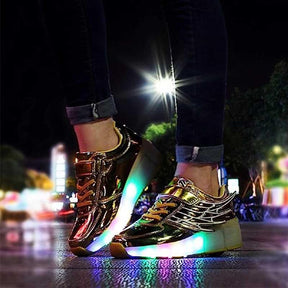 Kids LED Roller Skate Shoes Boys Girls Sneakers with Single Wheel-K02-Golden