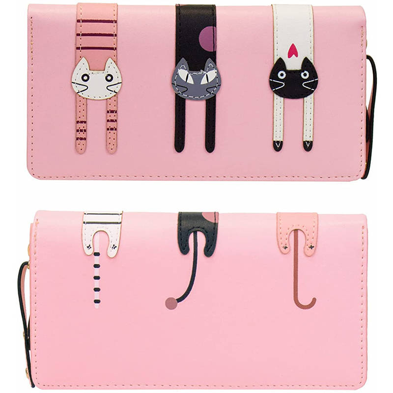 Womens Cute Cat Wallet Bifold Long Coin Purse with Zipper-Pink