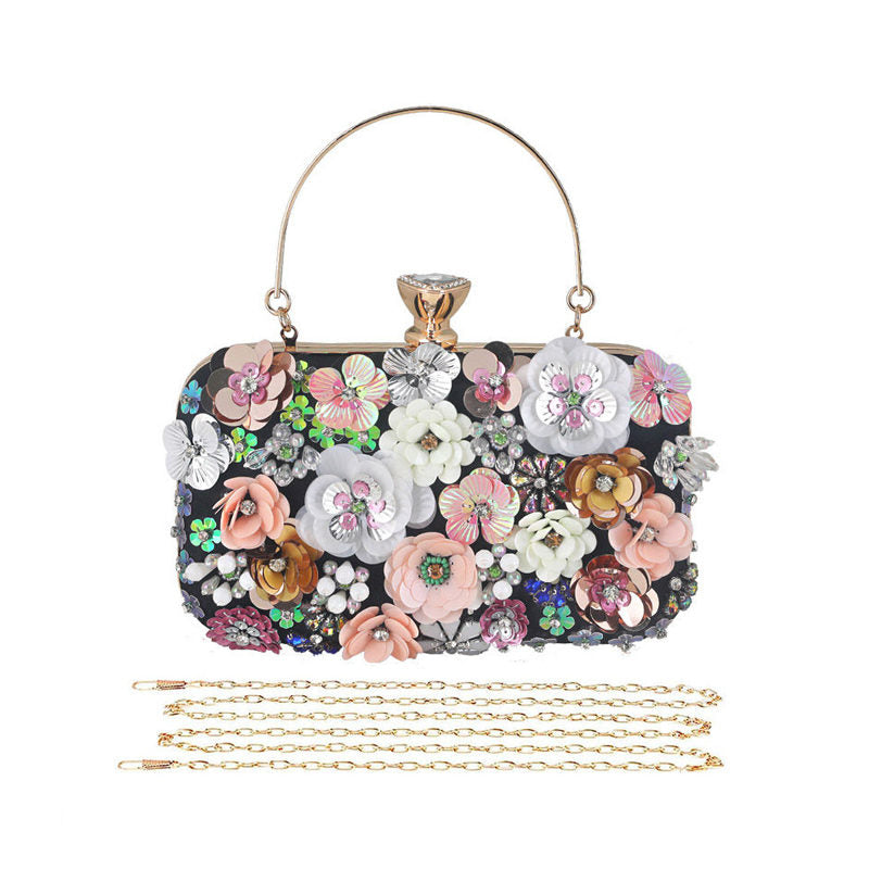 Colorful Floral Clutch Evening Bags for Women Beaded Purse Prom Handbag-Black