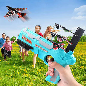 Bubble Catapult Airplane One-Click Ejection Shooting Game Toy with 4 Pcs Glider Airplane-Blue