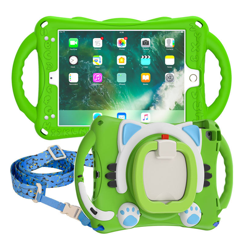 CatB Silicone Case For iPad Pro 9.7 inch Air1/2 Shockproof Shoulder Strap Handle Stand-Green
