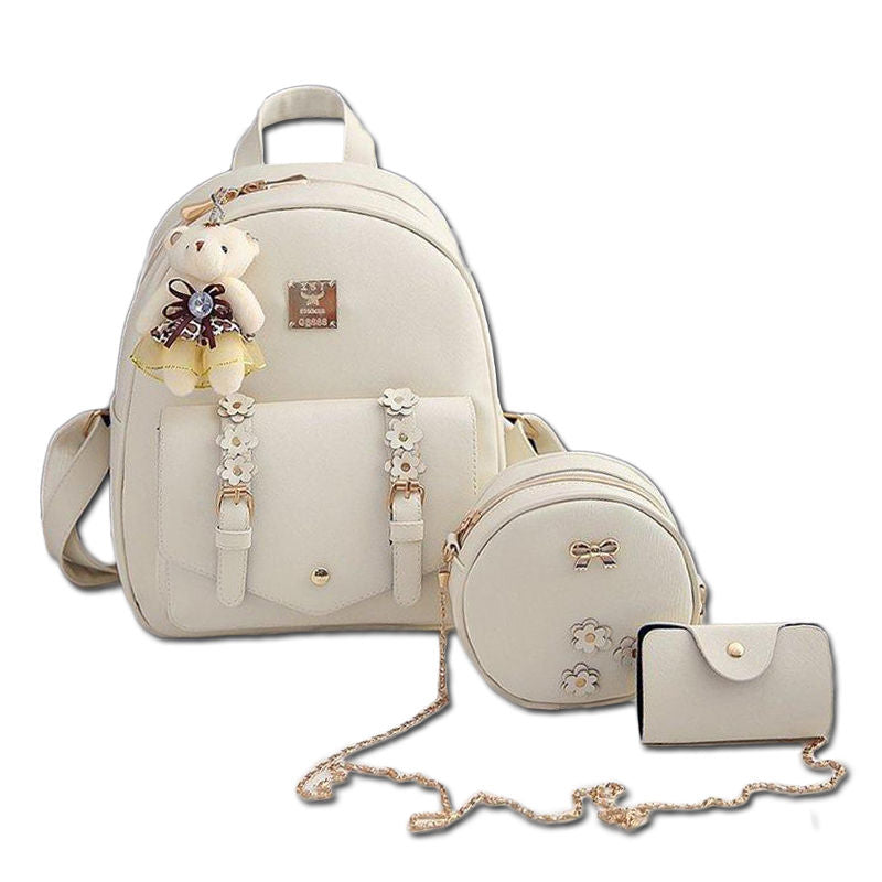 Mini Leather Backpack Purse 3-Pieces Fashion Flower Zipper Daypacks for Girls and Women-White