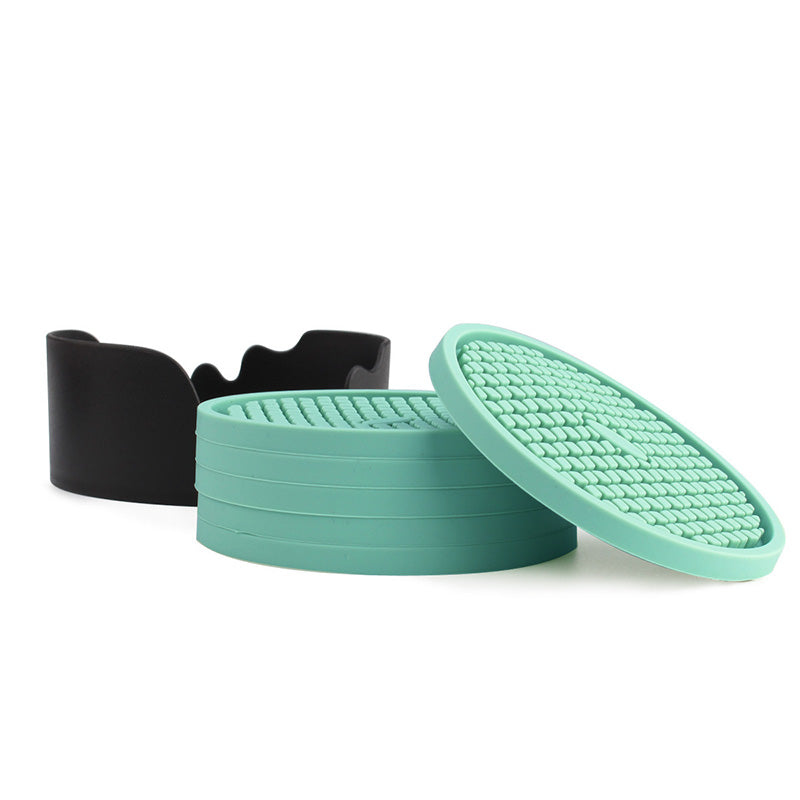 Silicone Drink Coasters Set of 6 in Holder for Drinks Insulation Absorbent Coaster Protect Cup-Mint Green