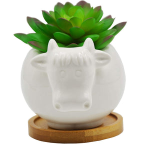 Cute Animal Cow Shaped Cartoon Ceramic Succulents Cactus Flower Pot(Plant and Bamboo Tray Not Included)